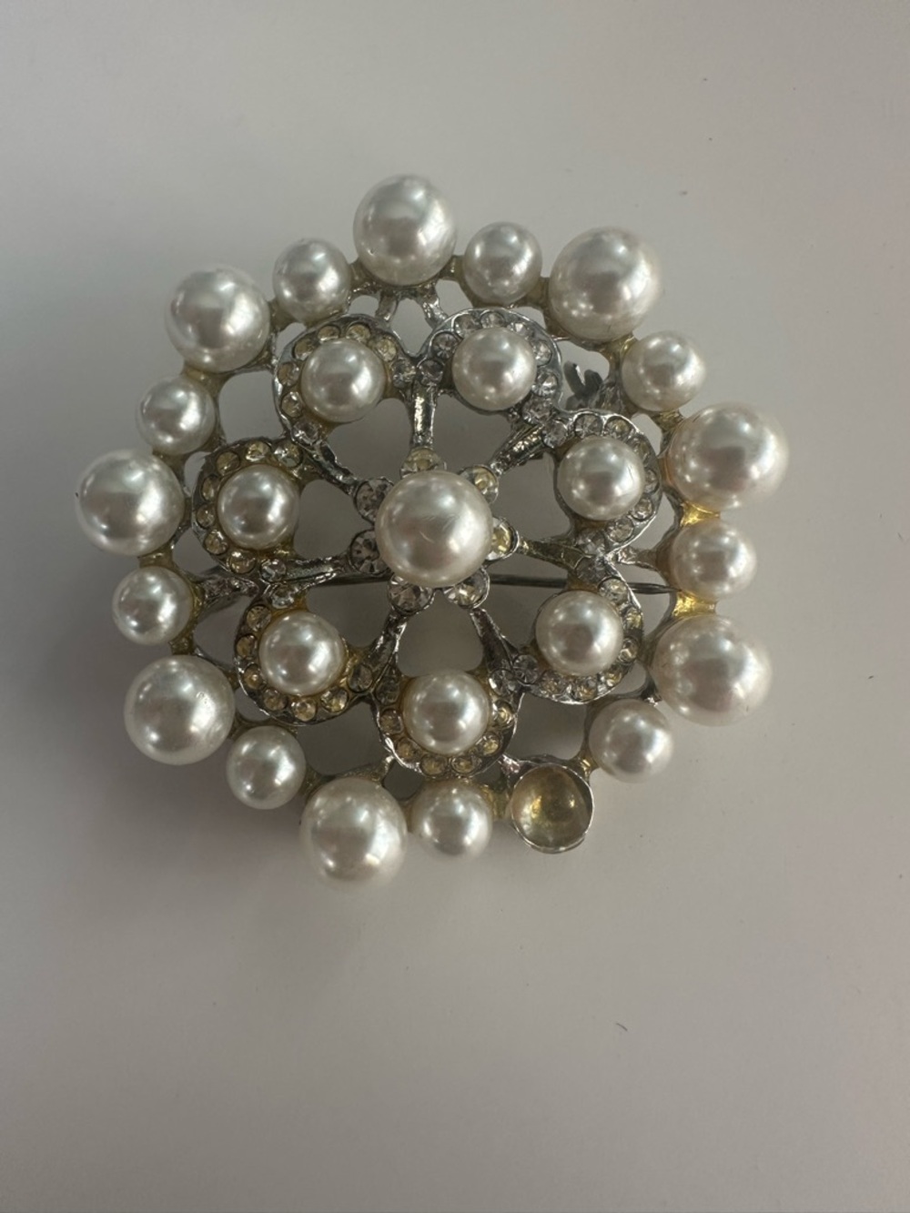 Vintage Faux Pearl Rhinestone Brooch